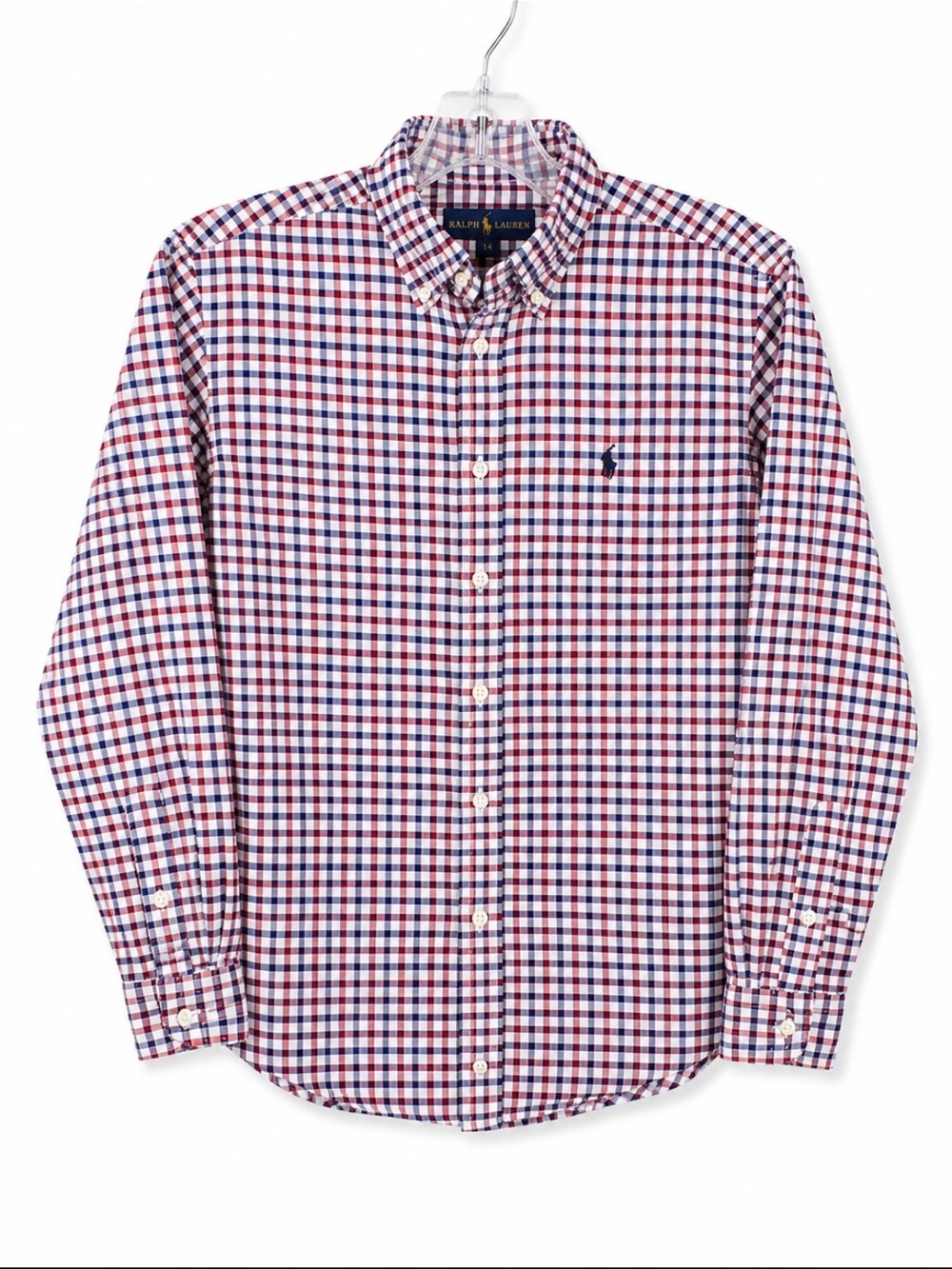Ralph Lauren Boys Red Blue Gingham Plaid Button Down Shirt Size 14